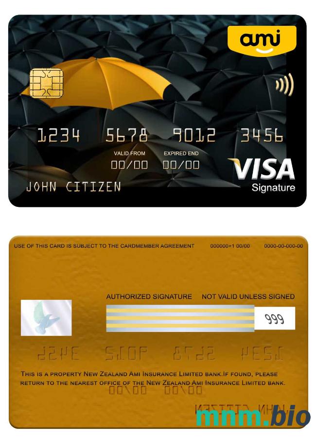 New Zealand Ami Insurance Limited bank visa podpis karta przykład w formacie PSD